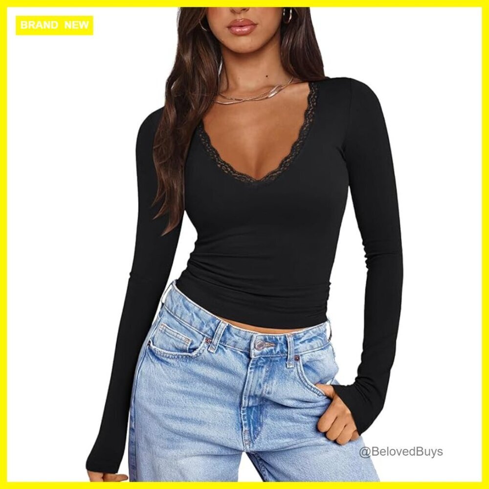 Sexy V-Neck Lace Long Sleeve T-Shirt, Slim Fit, Double Lined Fall Top